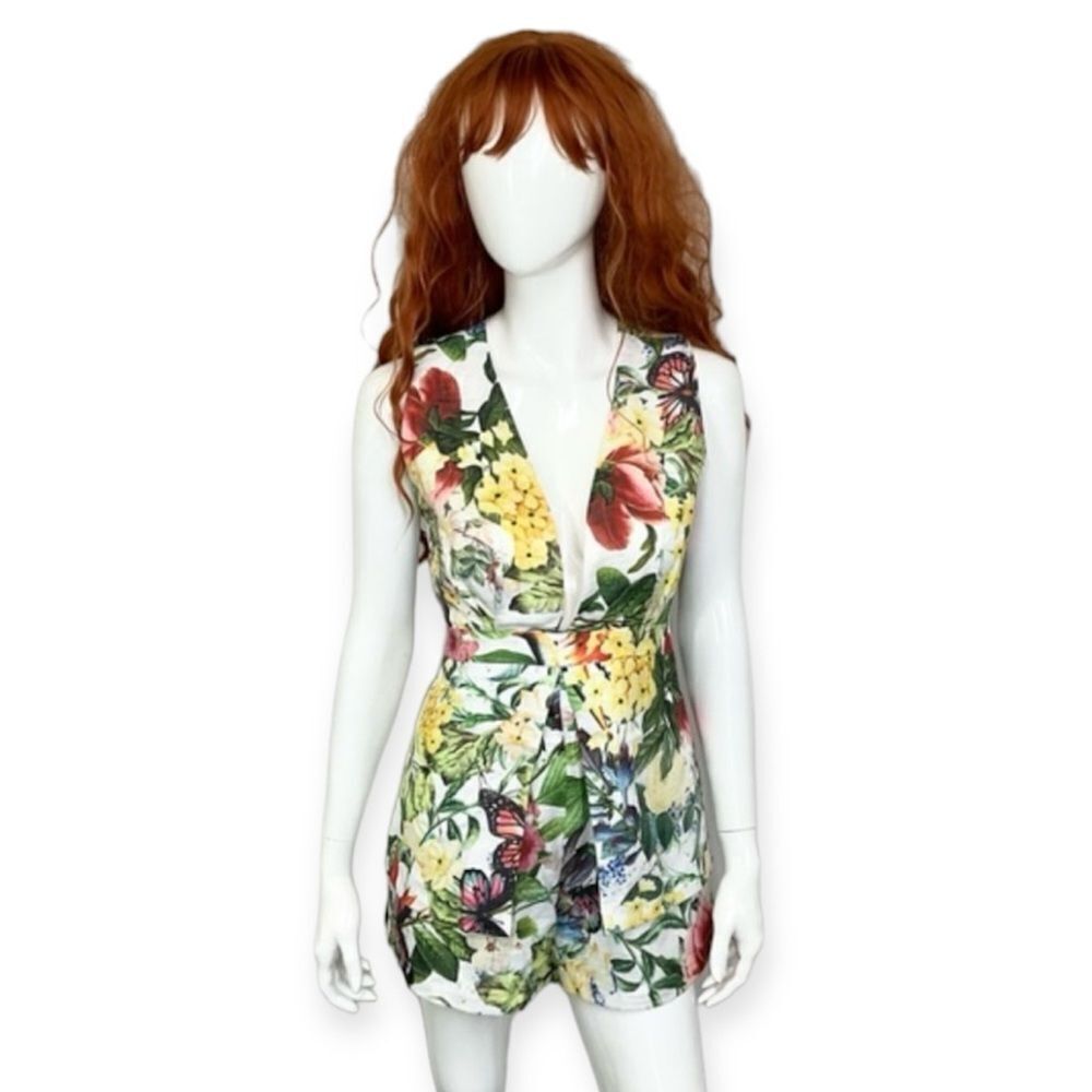 Luxxel Tropical Hawaiian Floral Print Plunging V-Neck Romper Size Small